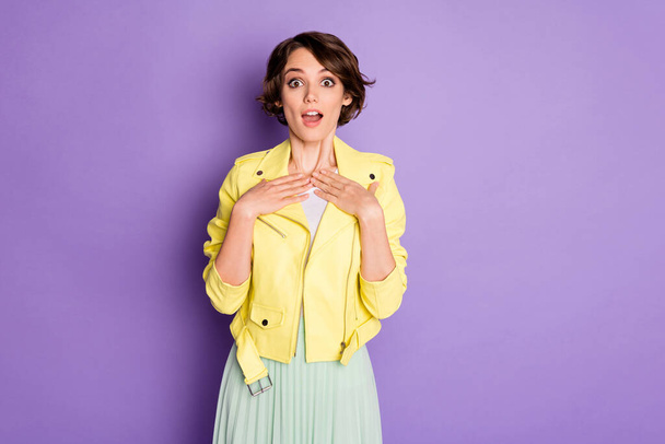 Portrait of astonished girl impressed hear incredible novelty she choose decide for work project point hands herself scream wear bright clothes isolated over purple color background - 写真・画像