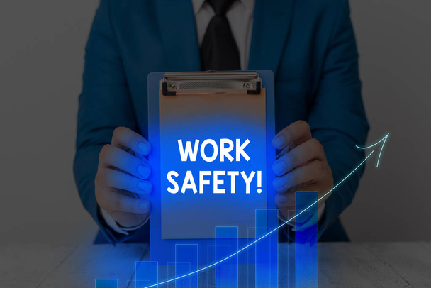Πινακίδα κειμένου που δείχνει την ασφάλεια εργασίας. Εννοιολογικές πολιτικές και διαδικασίες φωτογραφίας για την εξασφάλιση της υγείας των εργαζομένων. - Φωτογραφία, εικόνα