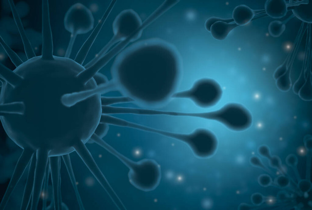3D-weergave illustratie medisch epidemie corona virus of covid 19 concept, close-up influenza virus cel via microscoop test in het laboratorium, om uitbraken pandemie nieuwe virussoorten wereldwijd te beschermen - Foto, afbeelding