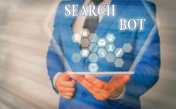 Pismo odręczne Search Bot. Koncepcja oznacza program uruchamiający zautomatyzowane zadania przez Internet lub sieć. - Zdjęcie, obraz