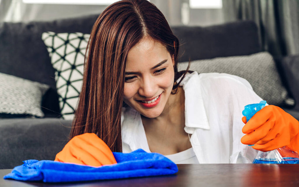 Young asian woman in protective gloves using a spray and rag while cleaning home in living room at home.housework and home cleaning concept - Фото, зображення