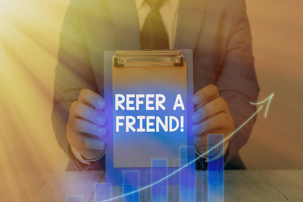 Text sign showing Refer A Friend. Conceptual photo direct someone to another or send him something like gift. - Photo, Image