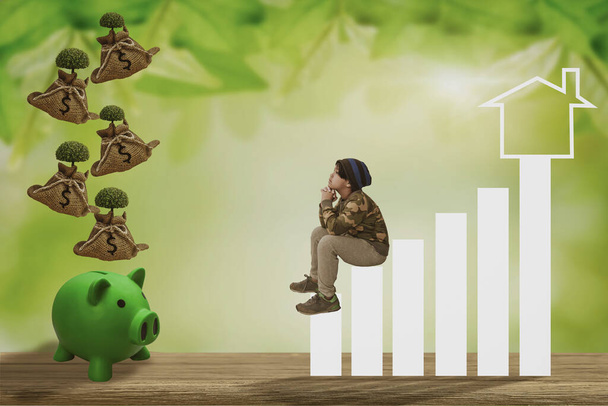 children sitting on graph and dream with looking,and tree hemp bag dropping from top,nature background,investments,financial planning in bank,for buy house and investing in real estate and insurance - Photo, Image