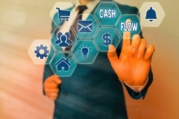 Escritura manual conceptual que muestra Cash Flow. Foto de negocios mostrando Movimiento del dinero dentro y fuera que afecta a la liquidez
. - Foto, imagen