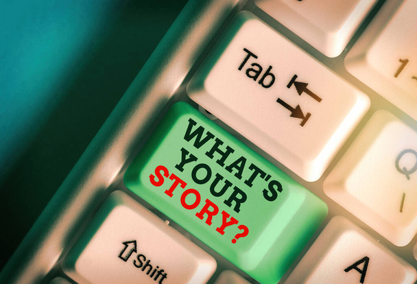 Kézírás szövegírás What S Your Story Question. Koncepció jelentése azt kérdezi, hogy demonstrálja a korábbi életét akciók karrier vagy események. - Fotó, kép
