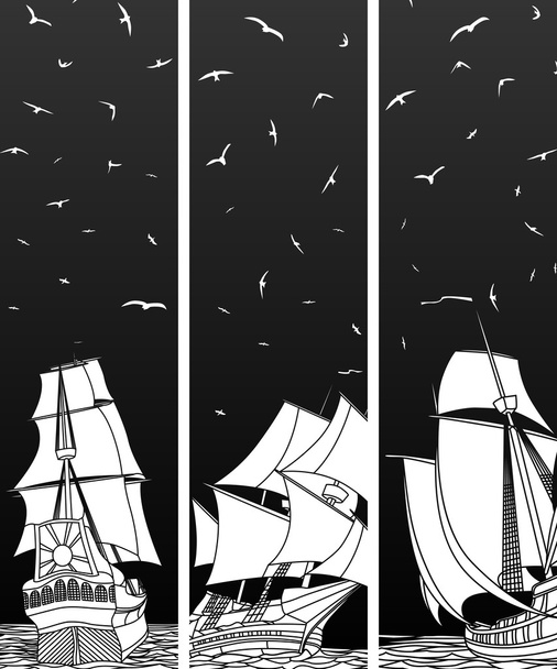 Vertical banners of sailing ships with birds. - Vector, Image