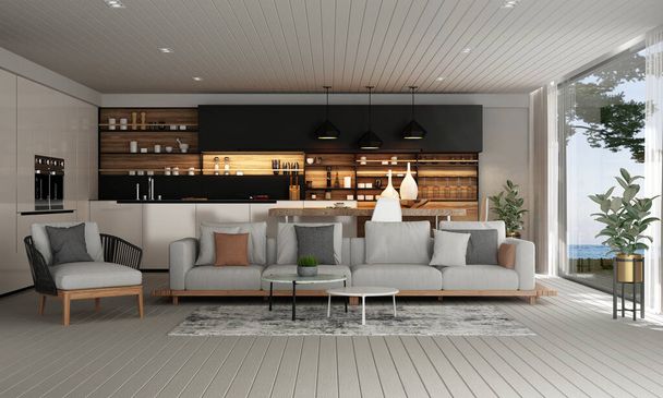 Moderni olohuone ja ruokasali sisustus ja merinäköala
 - Valokuva, kuva