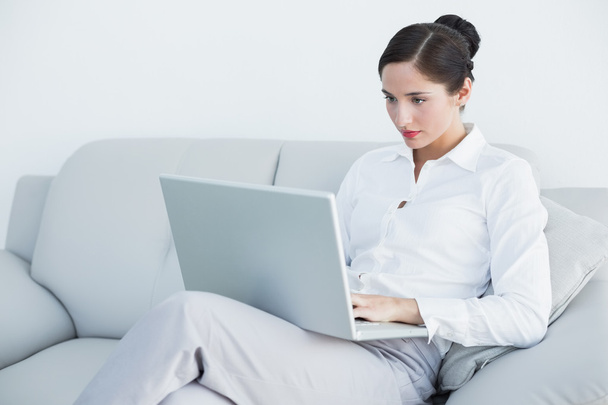 Well dressed woman using laptop on sofa - Фото, изображение