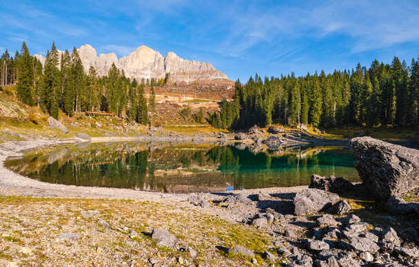 Sunny colorful autumn alpine Dolomites mountain scene, Sudtirol, Italy. Karersee or Lago di Carezza view. Picturesque traveling, seasonal, nature and countryside beauty concept scene. - 写真・画像