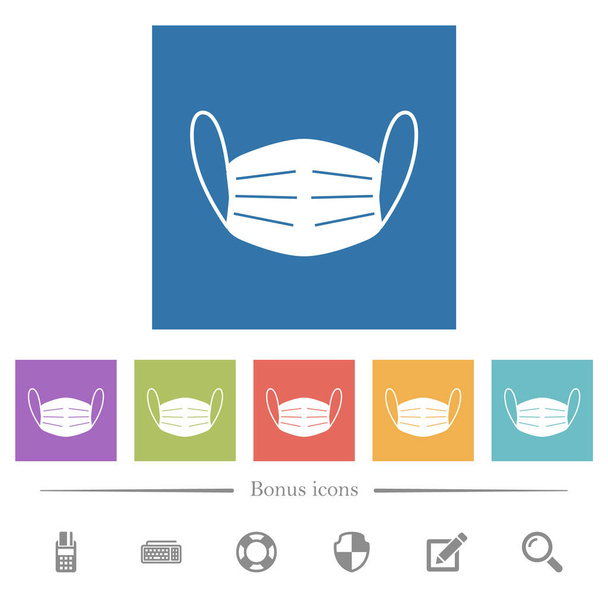 Medical face mask flat white icons in square backgrounds. 6 bonus icons included. - Vector, Image