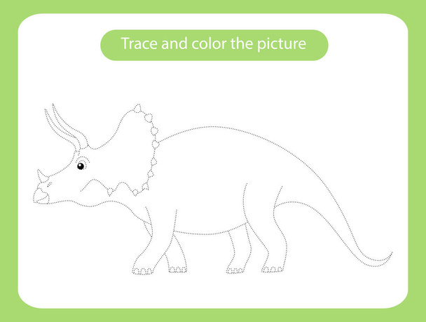 Triceratops dinoszaurusz. Nyomon követése és színe a kép gyerekek oktatási játék. Kézírás és rajzolás gyakorlat. Dino téma aktivitás kisgyerekeknek, gyerekeknek. Vektorillusztráció. - Vektor, kép