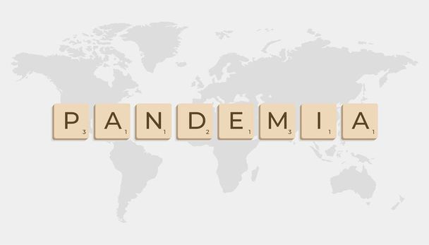 Pandemia en letras de scrabble con mapa del mundo en fondo azul
 - Vector, Imagen