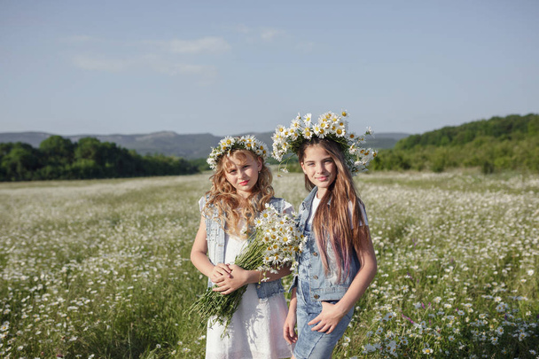 デニムを着た2人の可愛い10代の女の子がデイジー畑を歩いています。健康幸せな子供時代友情という考え方です - 写真・画像