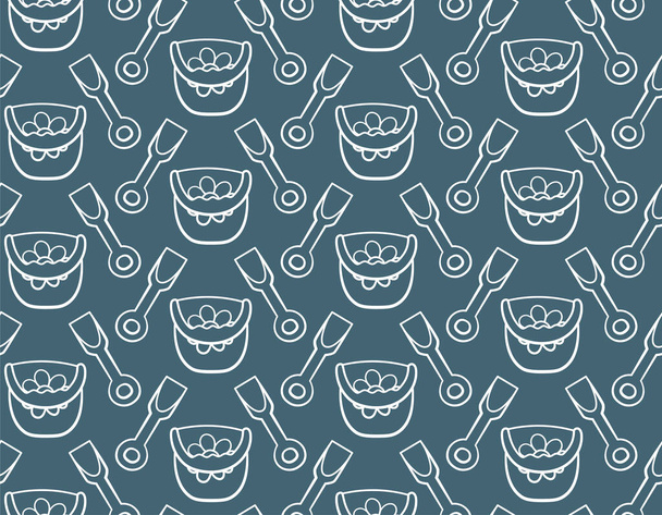 Seamless pattern with outline style white plastic buckets with a handle and flower drawing and children's shovels. Blue background, vector. Decoration for wrapper and textile. - Vektor, Bild