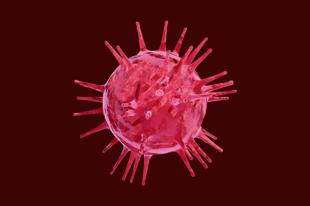 ROTES Coronavirus COVID-19 unter dem Mikroskop isoliert auf dunkelrotem Hintergrund, 3D-Illustration .clipping path. - Foto, Bild