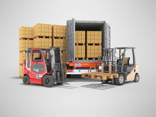 3d rendering group of forklift truck loading boxes on pallets into truck on gray background with shadow - Photo, Image