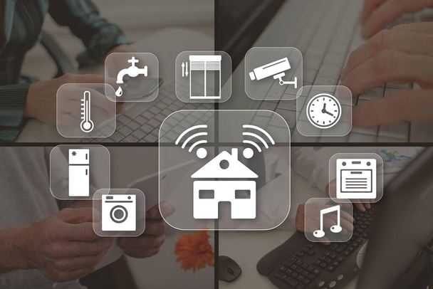 Smart Home Automation Konzept veranschaulicht durch Bilder im Hintergrund - Foto, Bild