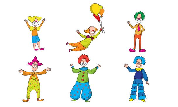 Set van positieve clowns tijdens show in kleurrijke kostuums met ballonnen - Vector, afbeelding