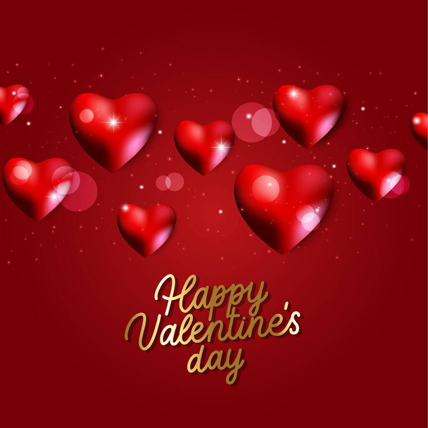 Happy Valentines Day background with red  hearts and calligraphy text. Holiday card illustration on red background. - Vector, Image