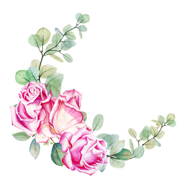 水彩の花ユーカリとバラの花束フレームテンプレート。手描きイラスト。結婚式誕生日バレンタインの絵。グリーティングカード、招待状、フラワーデザインのため。花飾り.                                - 写真・画像