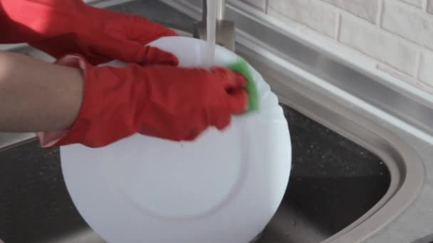 Gospodyni domowa myje biały talerz w czerwonych gumowych rękawiczkach w kuchni. Wyczyść mieszkanie. - Materiał filmowy, wideo