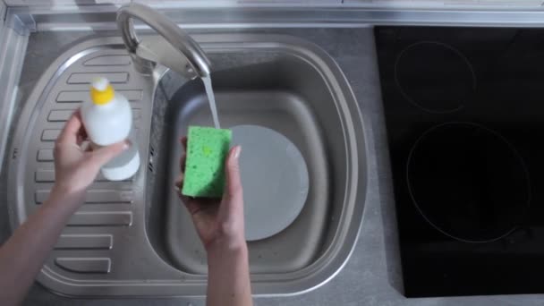 Η νοικοκυρά πλένει ένα άσπρο πιάτο στην κουζίνα. Εκκαθάριση στο διαμέρισμα - Πλάνα, βίντεο