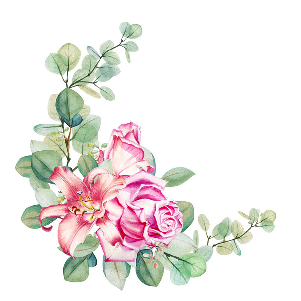 Akvarel květinové eukalyptus, růže a lilie kytice rám šablony. Ručně kreslená ilustrace. Svatba, narozeniny a kresba Valentýna. Pro blahopřání, pozvánky, květinový design. Květinová dekorace.                                - Fotografie, Obrázek