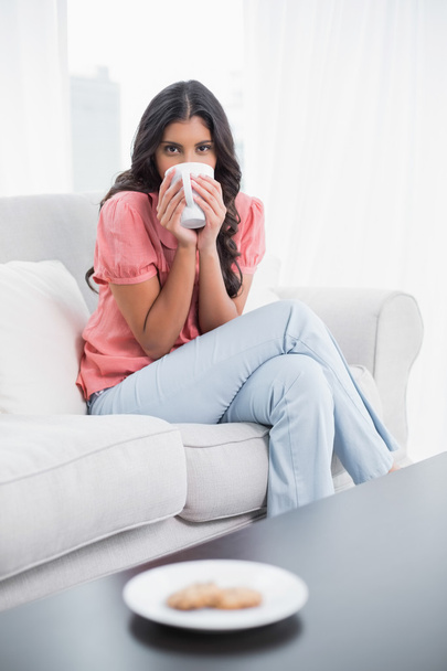 Calm cute brunette sitting on couch drinking from mug - Foto, afbeelding