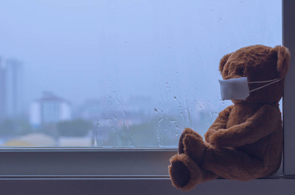 Teddy bear wearing mask sitting at window while raining in monsoon season. Stay home away from virus concept. - Foto, immagini