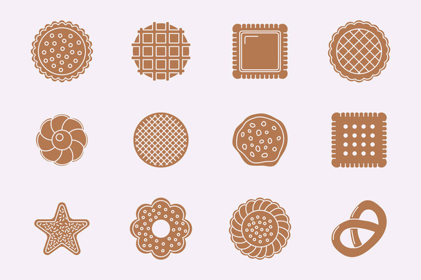 Cookie Icons set - Vector solid silhouettes of sweet dessert for the site or interface - Vektor, obrázek