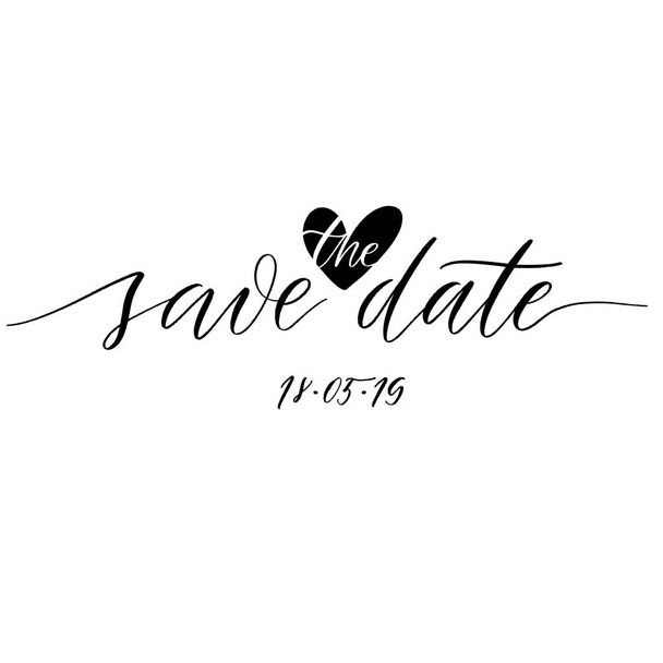 Speichern Sie das Datum Hochzeit Schriftzug Emblem mit Herz. Handgefertigte Designelemente für Ihre Hochzeitseinladung. Vektorillustration. - Vektor, Bild