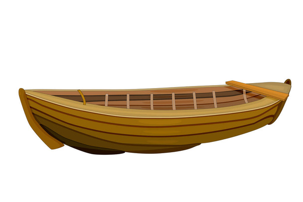 Barco de madera aislado sobre fondo blanco. Vista lateral del barco pesquero marrón vacío. Aficion y pesca, transporte de remo de pesca, kayak deportes extremos o entretenimiento, tienda de turismo. Stock vector ilustración
 - Vector, imagen