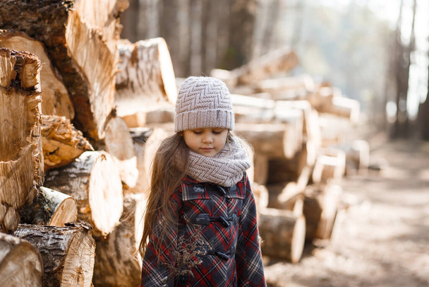 little cute girl na ścieżce lasu wiosną - Zdjęcie, obraz