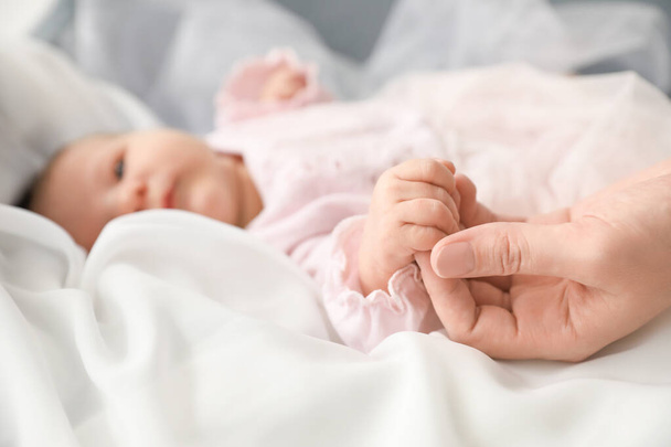 Cute little baby holding mother's hand, closeup - Photo, image