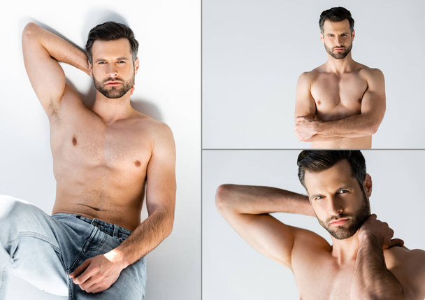 collage of bearded and shirtless man in jeans standing with crossed arms on white  - Фото, зображення