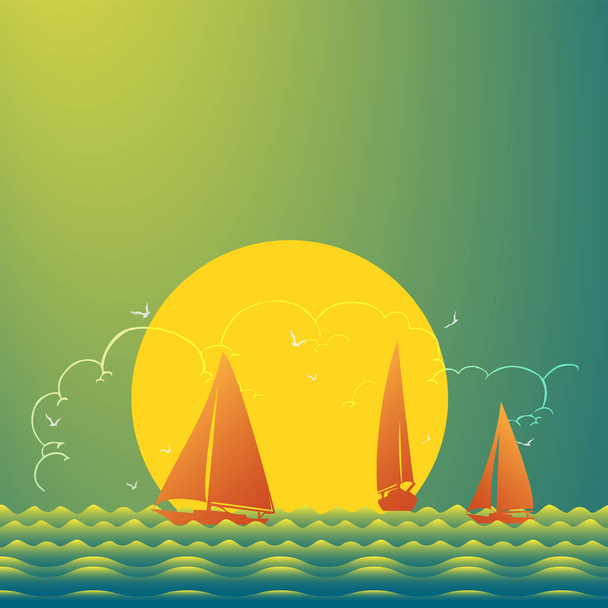 Ηλιοβασίλεμα στη θάλασσα με γιοτ. Θαλάσσιο ταξίδι στο γιοτ... γιοτ. Εικονογράφηση διανύσματος - Διάνυσμα, εικόνα