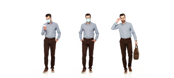 collage de hombre de negocios en la bolsa de sujeción máscara médica, de pie con las manos en los bolsillos y el uso de teléfono inteligente aislado en blanco
  - Foto, imagen