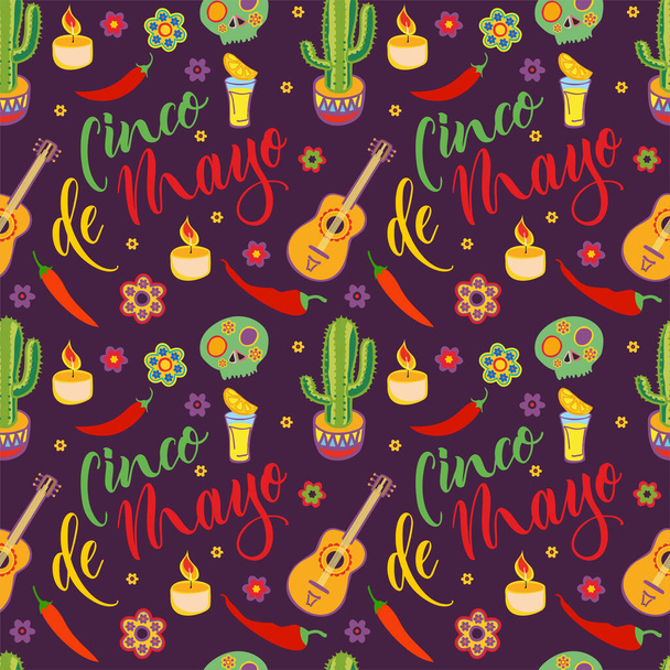 Cinco de mayonez pürüzsüz desen. Yaşasın Meksika. Meksika kültür sembolleri. Sombrero, marakas, kaktüs ve gitar seramikli arkaplan tasarımı. - Vektör, Görsel