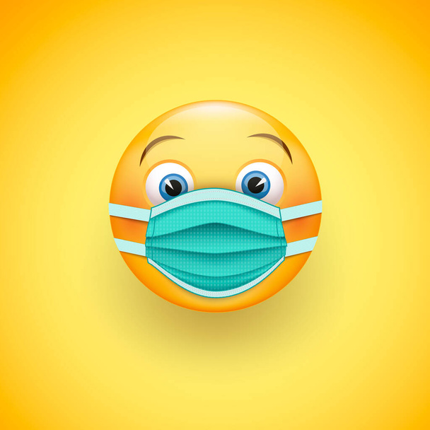 Lächeln Emoticon in schützenden chirurgischen Maske. Symbolbild für den Ausbruch des Coronavirus. Tragen Sie eine medizinische Maske, um die Ausbreitung der Krankheit zu verhindern. Vektor - Vektor, Bild