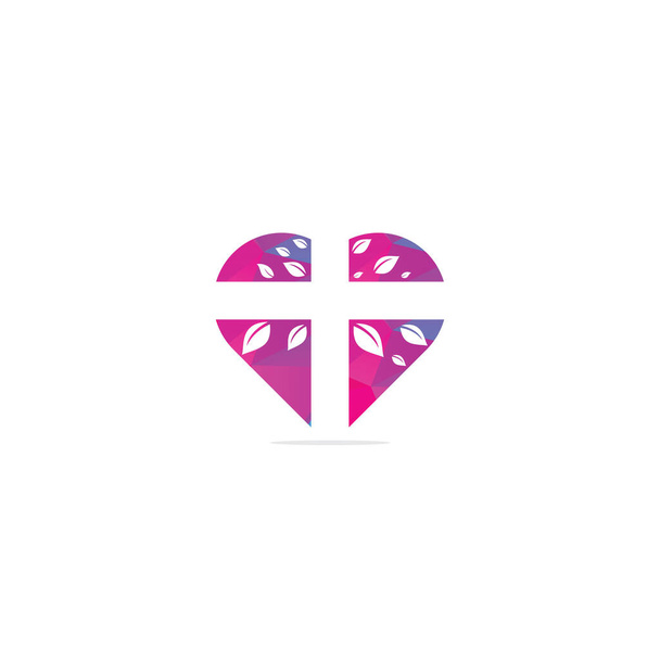 Cross Church koncepcja kształcie serca Logo Design. Streszczenie Drzewo religijne symbol krzyża projekt wektora ikony. Logo kościoła i organizacji chrześcijańskiej. - Wektor, obraz