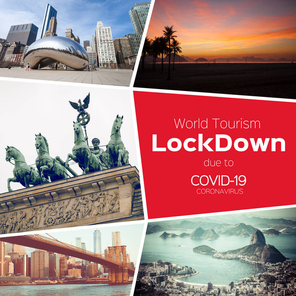 Collage Coronavirus Covid-19 World epidemia. Karanteeni. World Tourism Lockdown (englanniksi) Maailmanmatkakohde. Matkustusrajoitukset
.  - Valokuva, kuva