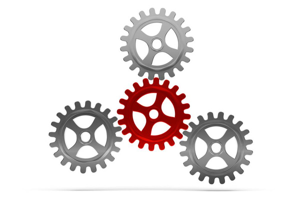 Three metal cogwheel gears attached to a central red wheel over white background, 3D illustration, teamwork, connection or communiaction abstract concept - Foto, imagen