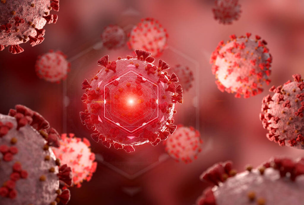 Mikroskopische Nahaufnahme der Covid-19-Krankheit. Rote Coronavirus-Krankheit breitet sich in Körperzellen aus. 2019-nCoV-Analyse auf Mikroskopebene 3D-Rendering - Foto, Bild