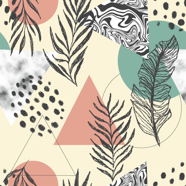 Abstract background with triangles, marble and tropical leaves. - Vektör, Görsel