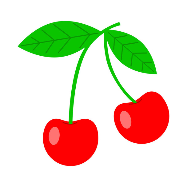 Vector ripe red cherry with a green leaves on white background. - Vector, Image