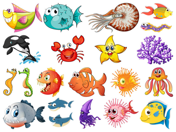 Large set of sea creatures on white background illustration - Vector, Image