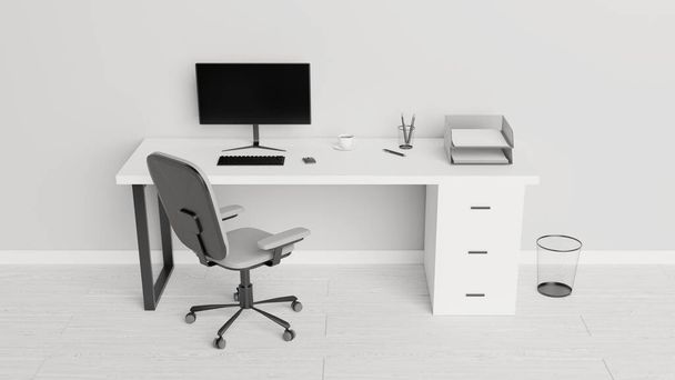 Рабочий стол с компьютером, бумагами, ручками и чашкой кофе. Концепция внутреннего офиса. 3D рендеринг
. - Фото, изображение