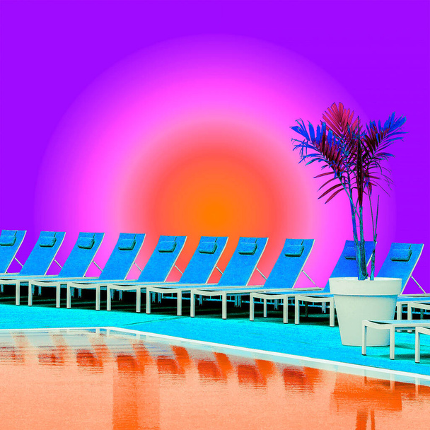 現代美術のコラージュ。熱帯水泳の投票場所。休暇｜リラックスタイム - 写真・画像