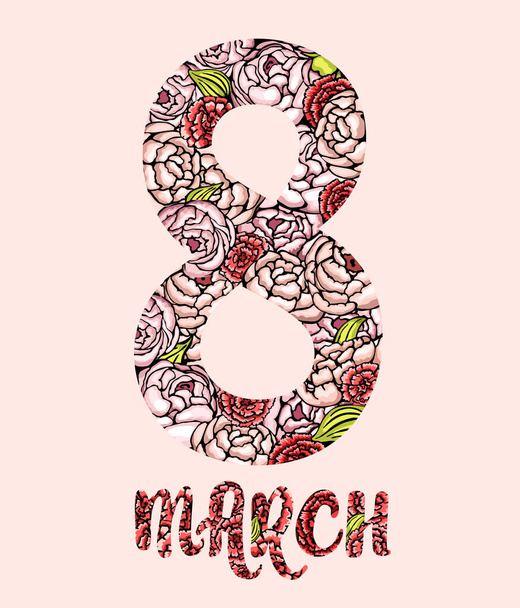 Ilustrace z 8. března pro přání k Mezinárodnímu dni žen. Číslo osm s pivoňkami a karafiáty ve tvaru na elegantním růžovém pozadí. Moderní dámské přání na uvítanou. Vektorová ilustrace - Vektor, obrázek