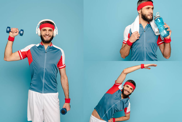 Collage eines glücklichen stylischen Sportlers mit Kopfhörern, der mit Hanteln trainiert, seitlich knirscht und Wasser auf blauem Hintergrund trinkt - Foto, Bild
